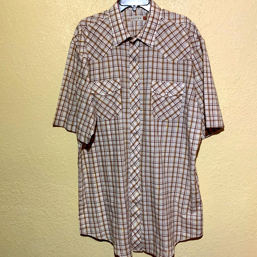 Roper Men's Shirt 2XL Tall White Tan Brown Gold Pearl Snap Buttons Short Sleeve